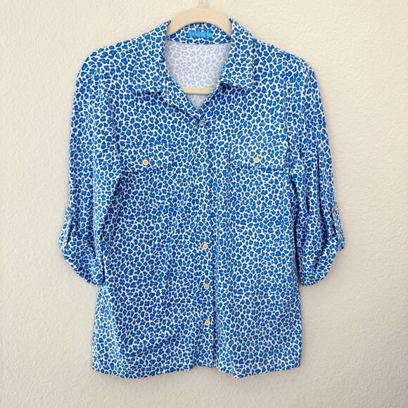 J. McLaughlin Women Catalina Cloth Button Top Size M Stretch Summer Cheetah Blue - Picture 1 of 8